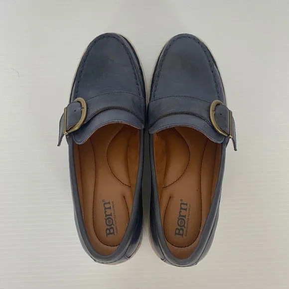 Born Contessa Navy Leather Buckle Platform Loafers Women Size 9 - Picture 8 of 11